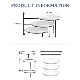 Kanwone 3 Tiered Serving Stand with White Porcelain Plates, 10" Round Tray, dessert table display set, Black Metal Stand, Versatile & Durable