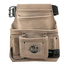 Graintex SS2280 10 Pocket Nail & Tool Pouch Beige Color Suede Leather with 2” Leather/Webbing Belt for Constructors, Electricians, Plumbers, Handymen, Standard