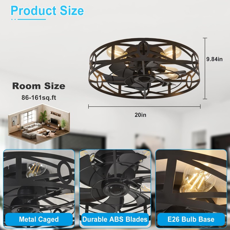 Depuley Flush Mount Ceiling Fan: 20" Caged Ceiling Fans with