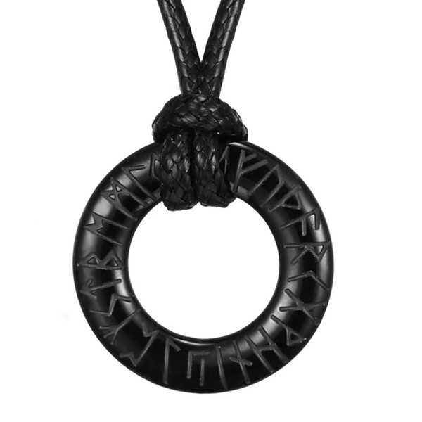 RWQIAN Viking Rune Necklace,Black Leather Necklace with Nordic Runes Pendant