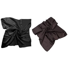 New Pack of 2 Satin Solid Plain Silk Shiny Scarf Hijab Square Head Neck Wrap 90x90 cm… (Black-Dark Brown)
