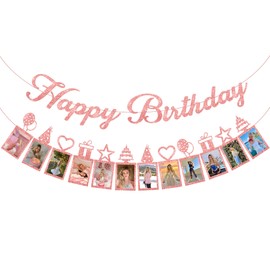 KatchOn, Rose Gold Happy Birthday Banner Glitter - 2 Strings, 10 Feet Pre-Strung | Rose Gold Birthday Banner for Happy Birthday Rose Gold Decorations | Picture Banner Rose Gold Birthday Decorations