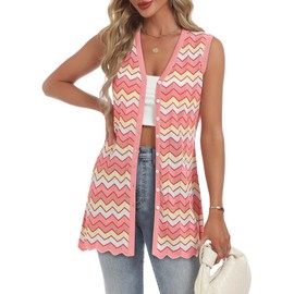 Womens Sleeveless Sweater Cardigans Fashion 2025 Spring V Neck Button Up Long Striped Knitted Vest Tops Pink