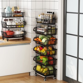Piggy-G Fruit Vegetable Storage Basket with Wheels Kitchen Rack 6-Tier Stackable Floor-Standing Movable Organizer Household Snack Shelf for Living Room Dressers Stand