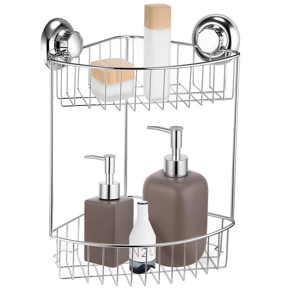 MaxHold No-Drilling Suction Cup Two Tier Corner Shower Basket -