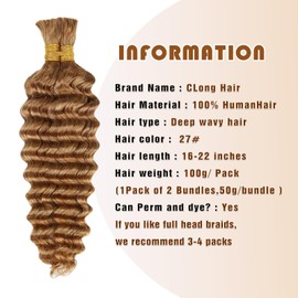 Honey Human Braiding Hair Deep Wave Bulk Human Hair for Braiding,27# Color No Weft Curly Braiding Hair Extensions for Boho Braids Wet and Wavy Braiding Human Hair Bundles(16inch,#27,100g)