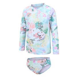 Girls Two Piece Rash Guard Swimsuits Set Long Sleeve Bathing Suit with UPF 50+ Sun Protection Kids Sunsuits Swimwear Set Light Blue Flowers 5T