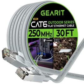 GearIT Cat 6 - Cable Ethernet plano para exteriores (30 pies, gris) con clasificación de entierro directo LLDPE - Cable de conexión RJ45 sin enganches para Internet Cat6 blindado FTP de 10 Gbps