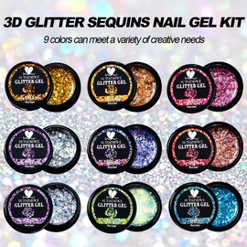 SUTOZMIWE Glitter Gel Nail Polish Set, 9 Colors Glitter Sequins Nail Gel Holographic Laser Effect Sparkle Shimmer 3D Gels Nail Polish Soak Off Curing Need Home Salon DIY Manicure Nail Art Design