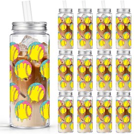 Vesici 24 Pcs Ice Cream Drip Softball Themed Tumbler Cups,14.2oz Spill-Proof Plastic Cups with Lids and Individual Straws, Bulk Set for Softball Team Gift, Ice Cream Drip Sports Party Favors