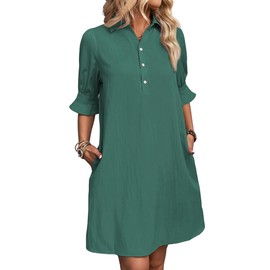 FENSACE Teacher Dress Women's Wear to Work Summer Vacation Sundress Knee Length Casual Shirt Dress Lake Green