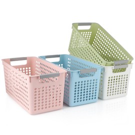 Skelang Small Plastic Storage Baskets with Handle, Slim Organizer Box for Shelves, Narrow Multicolor Organizer Bins for Household Used in Kitchen,Bathroom,Living Room