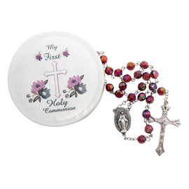 Westmon Works First Communion Rosary Deluxe Set Dark Red Bead and Our Lady of Grace Centerpiece with Protective Case for Ladies