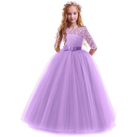 Flower Girls Lace Bridesmaid Dress Long A Line Wedding Pageant Dresses Sleeveless Embroidery Floral Princess Tulle Birthday Party Formal Dress Kids Communion Prom Puffy Ball Gown Light Purple 7-8