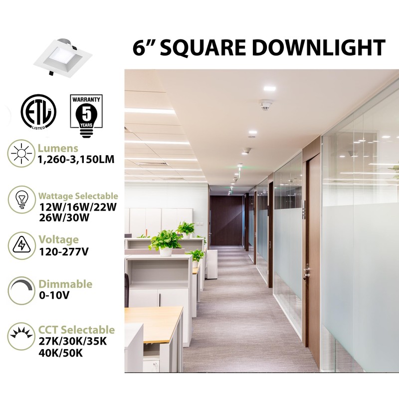 WareLight 6" LED Square Commercial Downlight, 3150 Lumen Max, Wattage