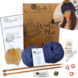 Needle It® Knitting Set Hat Complete Blue - Wool Hat for Knitting Yourself for Children and Adults - Complete Set with Needle, Ball and Instructions - French Wool
