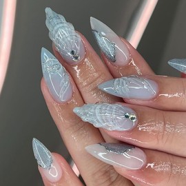 BQZQPAMZ Blue Press on Nails Pointed Shell Design Fake Nails with Rhinestones Full Cover Acrylic Nails Medium Artificial Fingernails Women Manicure Supplies, 24pcs