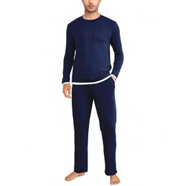 Litherday Men's Pyjamas Set Cotton Long Sleeves Pjs for Men Loungewear 2 Piece Sleepwear Nightwear Soft with Pockets Navy Blue