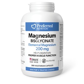 Preferred Nutrition Magnesium Bis-Glycinate 200mg, 300 Vegetarian Capsules, Supports Bone and Muscle Function, Vegan Elemental Magnesium