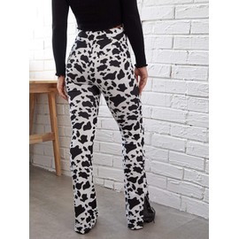SweatyRocks Women's Boho Comfy Stretchy Leopard Print Bell Bottom Flare Leg Pants Cow Animal Black White XS