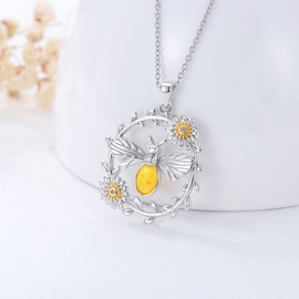 SOULMEET Bee Sunflower Silver Necklace with Yellow Gold Synthetic Opal Honey Bee Surrounded by Sunflower Oval Pendant Necklace 925 Sterling Silver Jewellery Gift for Mother Women Girls, Metal, Opal
