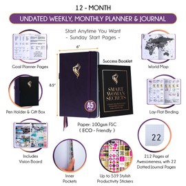Hourly Planner - Undated Weekly & Monthly Life Planner, 12 Month Journey to Increase Productivity & Happiness, Gratitude Journal, Financial Planner, Self Care Journal for Women - Vertical Layout