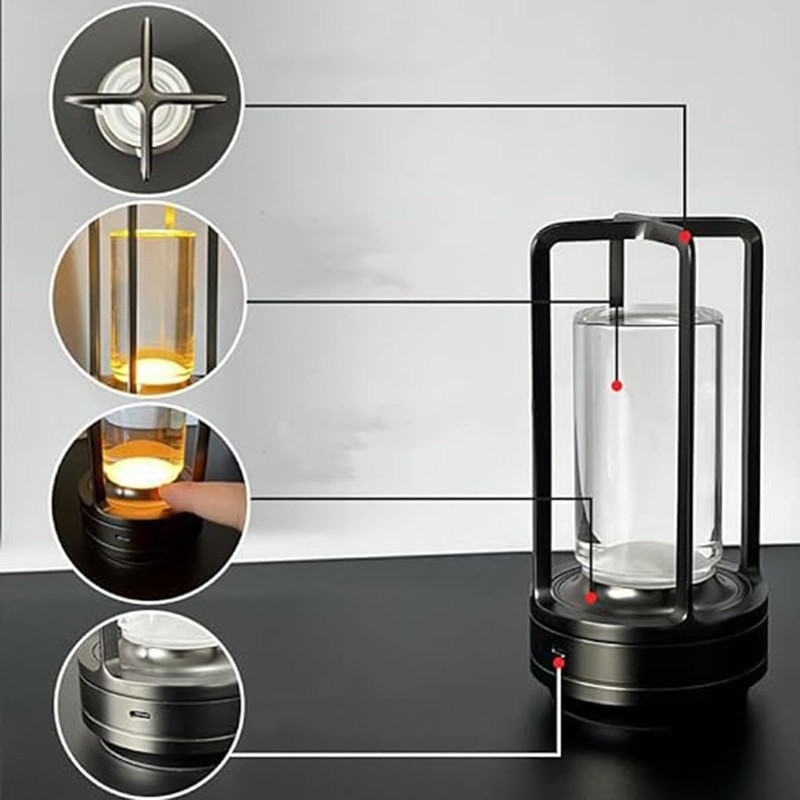 Cordless Table Lamp, LED Touch Metal Bedside Lamp, 3-Colour Infinitely