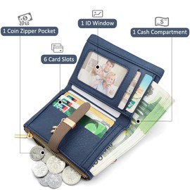 GOUNNU Small Women's PU Leather Purse Small and Short Format RFID Women's Purse with Coin Compartment Small Zip Wallet, Mini Wallet with Card Slots and Bracelet, blue, Modern