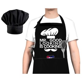 Funny Cooking Apron and Chef Hat Set for Men - Adjustable Bib Chef Apron for Men with 3 Pockets - BBQ Grill Apron for A Husband, Dad, Son, Grandfather Boyfriend Or Any Friend - Mr. Good...