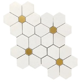 Tenedos Shasta Daisy White Marble Thassos w/Yellow Hexagon Glossy Wall Tile for Kitchen Backasplash, Bathroom Shower, Decorative Accent, Flooring Tile, Fireplace Surround (1 Sheet)