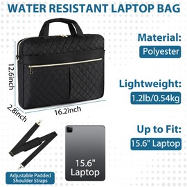 vsshe Laptop Bag Women's Business 15.6 Inch Large Work Bag Handbag - Waterproof Briefcase Women with Padding, Zip Compartments & Luggage Strap for Travel, Office, Black Leather Look, black