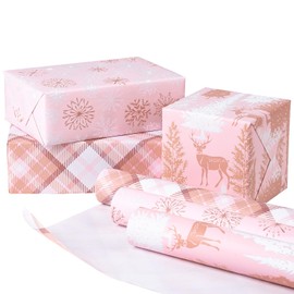 RUSPEPA Pink Christmas Wrapping Paper Set, Mini Roll, Gold Foil Winter Wonderland Design with Reindeer, Snowflake, Plaid Patterns Perfect for Holiday Gifts, 3 Rolls, 17 inches x 10 feet per Roll