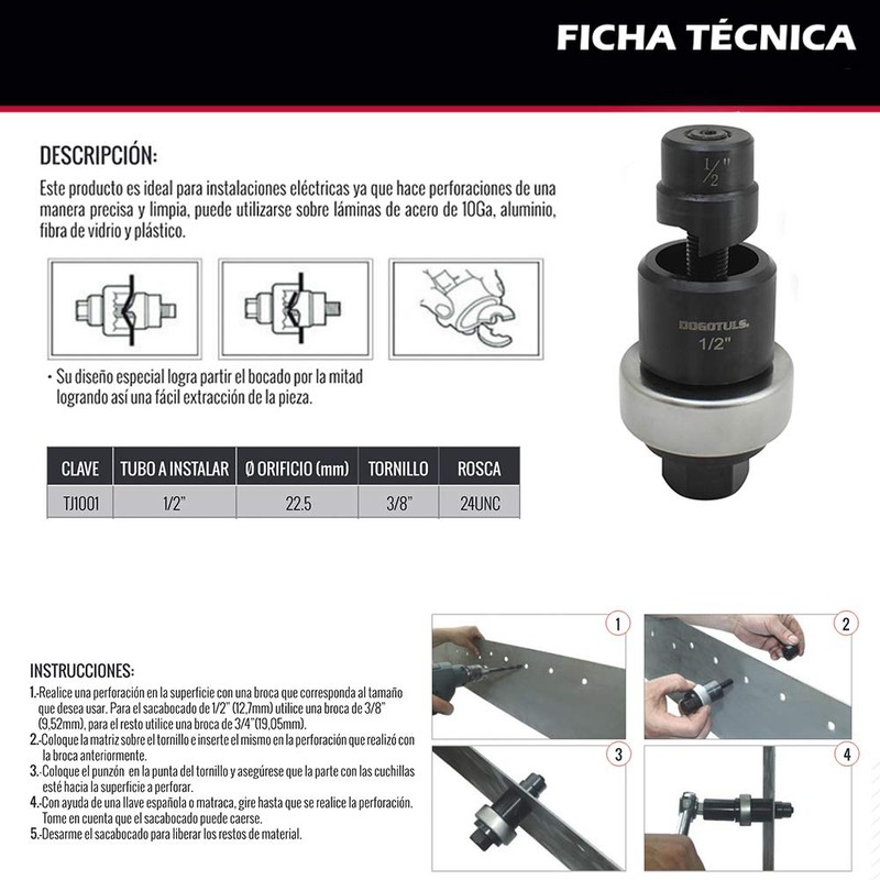 Dogotuls TJ1001 Sacabocado Conduit, 1/2"