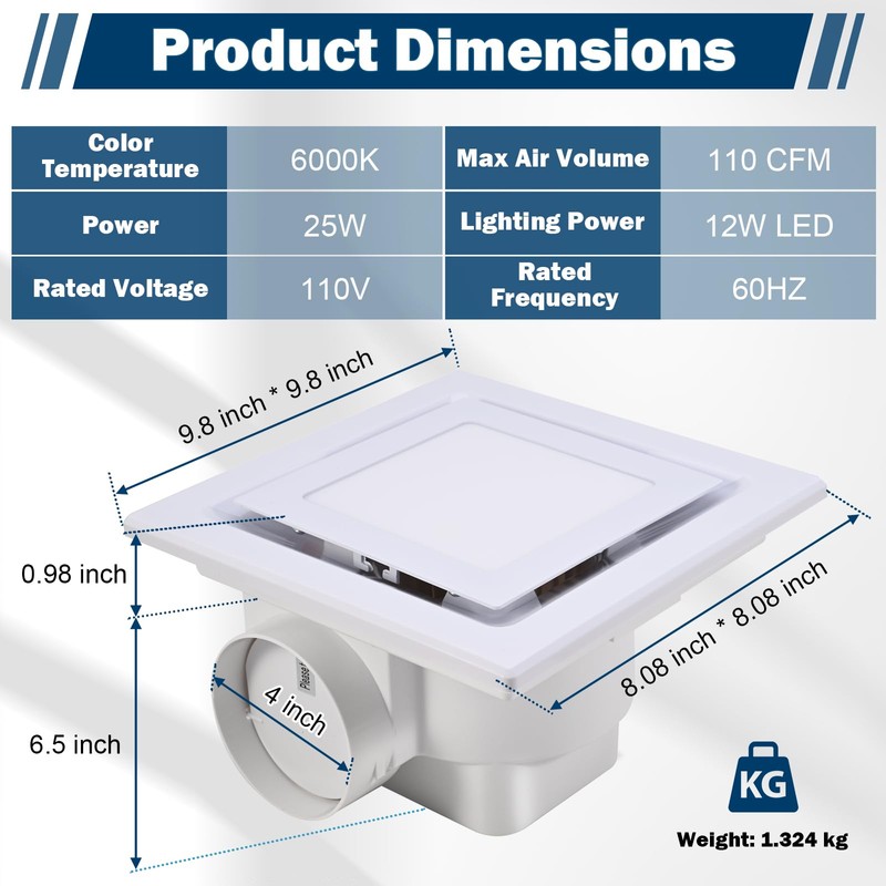 FEITON Square Bathroom Exhaust Fan with LED Light, 110 CFM