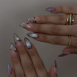 BQZQPAMZ Glitter Press on Nails With Glue Purple Glossy Medium Almond Shaped Nails Gold Line Fake Nails Artificial Fingernails Full Coverage Acrylic Stick on Nails for Women DIY Spring Manicure