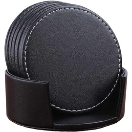 CARLWAY Set of 6 Leather Drink Coasters Round Cup Mat Pad for Home and Kitchen Use Black, 3.94"