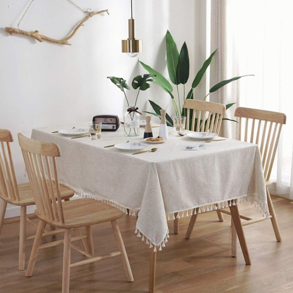 meioro Solid Colour Tassel Tablecloth, Rectangular, Cotton Linen Tablecloth, Suitable for Home, Kitchen Decoration, Various Sizes