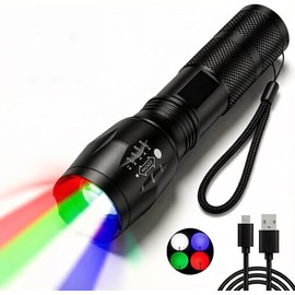 POCKETMAN Zoombar - Linterna LED (4 colores en uno (rojo, blanco, verde, azul), lámpara de mano extremadamente brillante recargable, 4 modos,...      