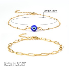 MANVEN Evil Eye Beads Ankle Bracelet Bobh Adjustable Double Layered Gold Anklets Foot Jewelry for Women Girls Valentines Gifts for Her