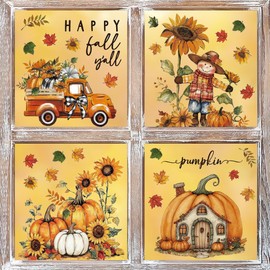 Horaldaily 36 PCS Fall Window Cling Sticker, Scarecrow Sunflower Pumpkin House Truck Home Party Supplies Shop Window Glass Display Decoration
