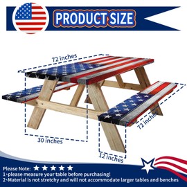 Mapaim 3PCS Picnic Table Cover with Bench Covers Set –American Flag Fitted Camping Tablecloth, Waterproof & Windproof Table Cover with Elastic Edges for 6ft Table and Benches (72"x30" + 72"x12")