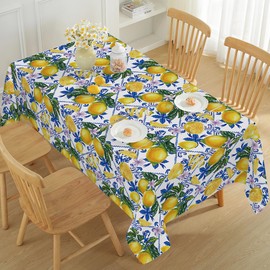 Summer Lemon Tablecloth Rectangle 52 x 70 Inch Italian Mediterranean Tile Print Waterproof Wrinkle Free Yellow Lemons Table Cloth, Vintage Table Cover for Dining, Picnic, Indoor, Outdoor, Blue