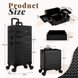 JINGUAN 3 in 1 Rolling Makeup Train Case Professional Large Cosmetic Trolley Cosmetology Case on Wheels Traveling Cart Trunk for Hairstylist Artist Nail Beauty Salon Barber, Black
