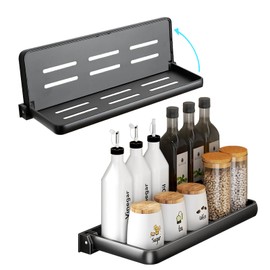 Chris.W 2 Pack Folding Bathroom Wall Shelf, 2 Tier Wall Mounted Floating Shelves, 90° Fold Up, Waterproof Metal Storage Panel, Toilet Phone Holder Shelf Folding Shelf for Laundry Room Kitchen (Black)