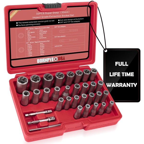 32Pcs Bolt Extractor Kit, 33mm elevated design, with 3/8, 1/4