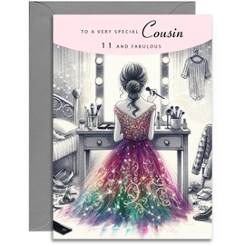 Cousin 11th Birthday Card - Elegant Birthday Card for a Special Cousin Age 11 with lovely verse inside. A5 with Grey Envelope