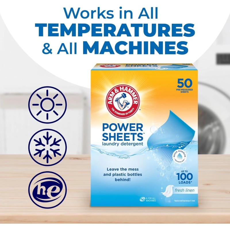 Arm & Hammer Power Sheets Laundry Detergent, Fresh Linen 50Ct,
