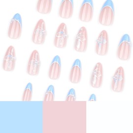 24Pcs Blue French Tip Press on Nails Almond Medium Fake Nails White Butterfly with Pearl Design Glue on Nails Glossy Nude Pink Acrylic Nails Summer Nails Press ons Reusable Stick on Nails for Women