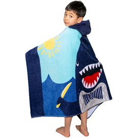 Fewlby Boys Hooded Beach Bath Towel, 100% Cotton Bathrobe Kids Cartoon Hooded Bath Blanket Swimming Towel Surfing Poncho, 30"*50", Shark