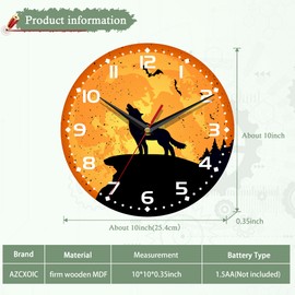 AZCXOIC Wall Clock for Bathroom,Wolf Wall Clock Silent Non-Ticking Battery Operated Clock 10 Inch,Moon Wall Clock Decorative for Living Room,Kitchen,Office